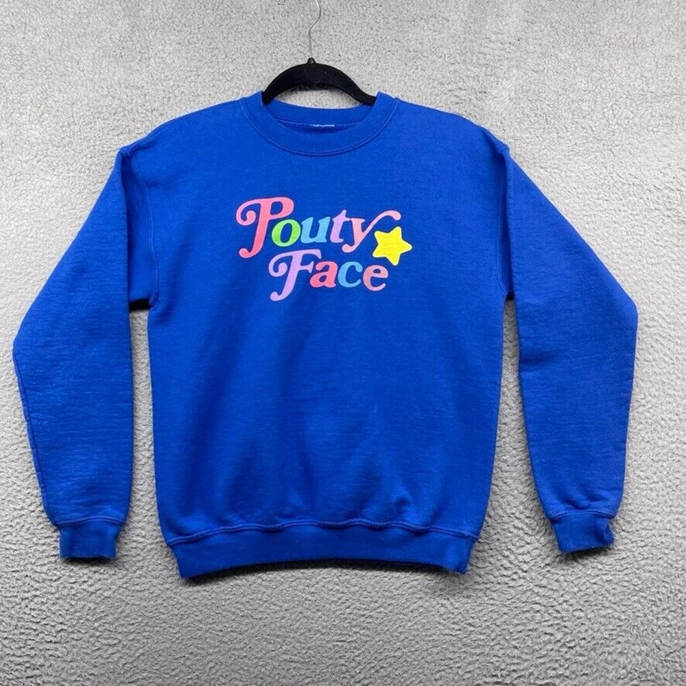 Addison Rae Womens Sweater Blue Fleece Long Sleeve Crew Neck Pouty Face Size L